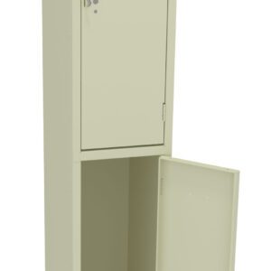 Tall beige metal locker with two compartments, each with a door. The upper compartment door is closed, while the lower compartment door is open, revealing an empty interior. The locker stands upright against a white background.