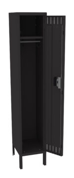 A tall, black, open metal locker with a single compartment. It has a hinged door with ventilation slots and a built-in lock. A shelf and a hanging rod are visible inside. The locker stands on four short legs.