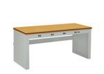 A workbench with a light wood surface and a white metal frame. It features two rows of small black knobs or buttons across the front, and a panel on the right side with additional features.