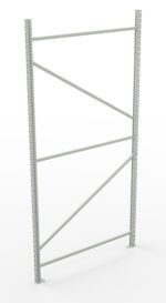 A tall, gray metal shelving frame with vertical and diagonal support beams, standing upright against a white background. The frame has multiple holes for adjustable shelving attachment.