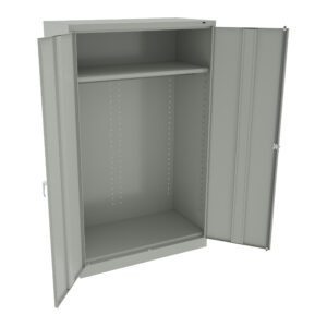 A metal storage cabinet with gray smooth doors is open, revealing an empty interior with an adjustable shelf at the top. The cabinet has a simple and industrial design, suitable for organizing items.