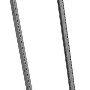 Two gray metal shelving uprights with evenly spaced holes, standing upright and slightly angled. Each has a rectangular base and elongated form, suitable for adjustable shelving systems.