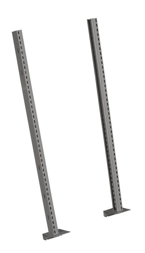 xipxqfxfqh27cu9yrtsn.jpg Two gray metal shelving uprights with evenly spaced holes, standing upright and slightly angled. Each has a rectangular base and elongated form, suitable for adjustable shelving systems.