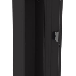 A black metal locker stands upright with its door open, revealing a single shelf and a hanging rod inside. The door features vent slats and a built-in lock.