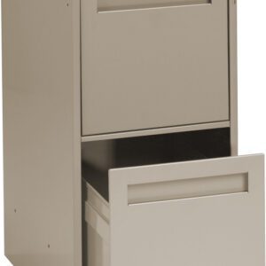 A beige metal filing cabinet with two drawers. The top drawer is closed, and the bottom drawer is open, displaying a hanging file folder inside. A small key is inserted in the lock on the top right corner of the cabinet.