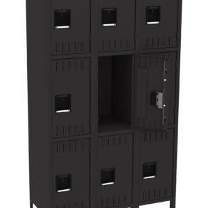 A black metal locker unit with nine compartments arranged in a 3x3 grid. One compartment door is open, revealing the empty interior. Each door has a rectangular handle and vent slots at the top and bottom.