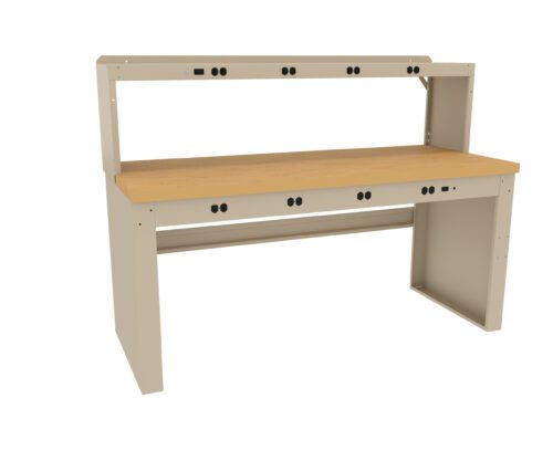 A sturdy workbench with a light wooden top and beige metal frame. It features a raised shelf and multiple electrical outlets along the back and front edges. The design is simple and functional, suitable for workshops or garages.