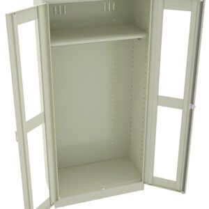 An empty, open metal storage cabinet with double doors, featuring a single adjustable shelf in the middle. The cabinet is light-colored and has a sleek, simple design.