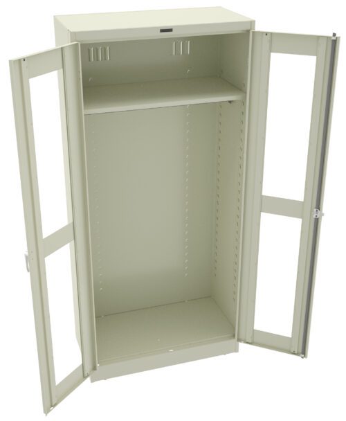 An empty, open metal storage cabinet with double doors, featuring a single adjustable shelf in the middle. The cabinet is light-colored and has a sleek, simple design.