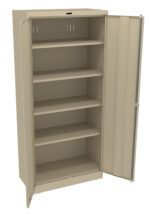 A beige metal storage cabinet with one door open, revealing five adjustable shelves inside. The cabinet is empty and stands against a plain background.