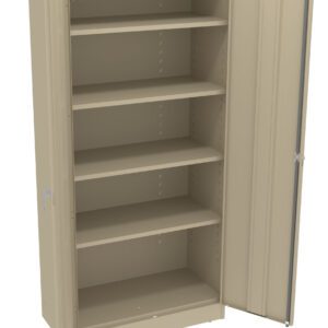 A beige metal storage cabinet with one door open, revealing five adjustable shelves inside. The cabinet is empty and stands against a plain background.