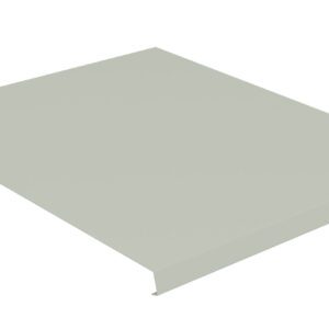 A flat, rectangular metal panel with a light gray surface is shown. It has a small hole in one corner and slightly raised edges on two sides, suggesting it could be part of a larger assembly or used as a cover.
