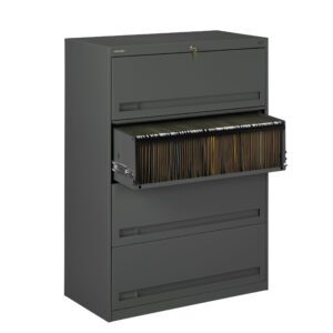 A gray metal filing cabinet with four drawers is shown. The second drawer is open, revealing neatly organized hanging file folders. The first drawer has a lock. The cabinet appears sturdy and functional, designed for office use.