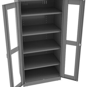 A tall, gray metal cabinet with transparent glass doors open, revealing five empty shelves inside. The cabinet is standing upright and appears sturdy, suitable for storage or display purposes.