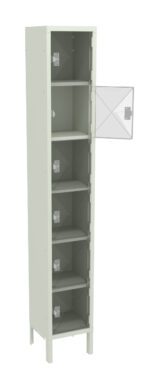 A tall, narrow metal locker with five compartments and one open door revealing empty shelves. The locker is beige and freestanding, with simple latch mechanisms on each door.