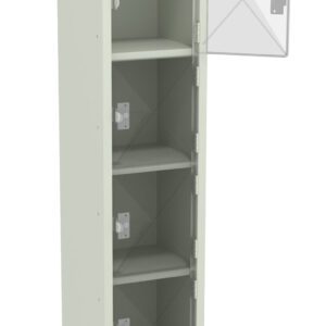 A tall, narrow metal locker with five compartments and one open door revealing empty shelves. The locker is beige and freestanding, with simple latch mechanisms on each door.