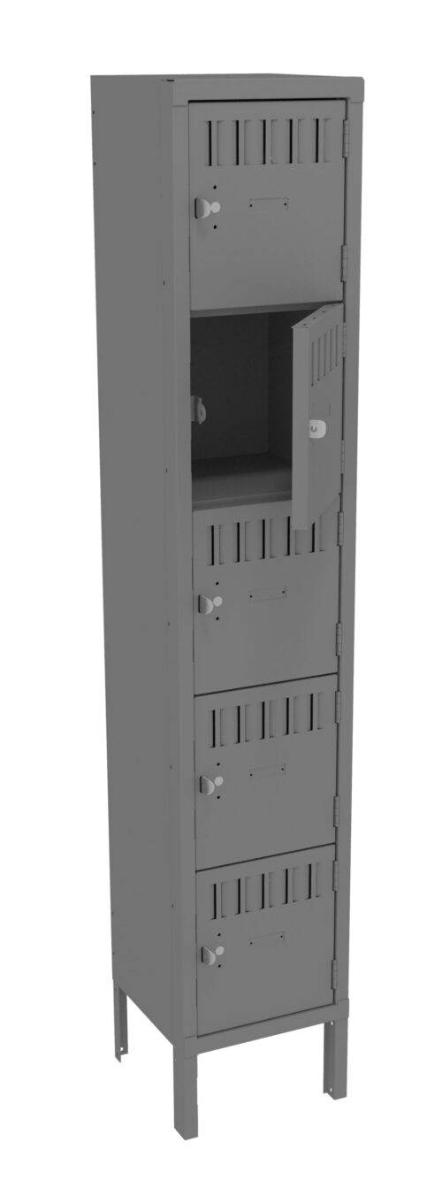 Grey metal locker with four compartments, each with a handle and ventilation slits. The second compartment from the top is open, showing the interior, while the others are closed. Locker stands on four legs.