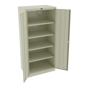 A beige metal storage cabinet with two open doors, revealing five adjustable shelves inside. The cabinet has a simple, utilitarian design and is designed for organizing and storing various items in an orderly fashion.