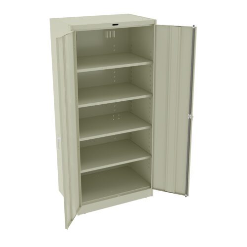 A beige metal storage cabinet with two open doors, revealing five adjustable shelves inside. The cabinet has a simple, utilitarian design and is designed for organizing and storing various items in an orderly fashion.