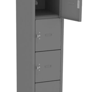 A tall, gray locker with six compartments. The second compartment from the top is open, showing an empty interior. The locker has small handles and number dials on each compartment door.