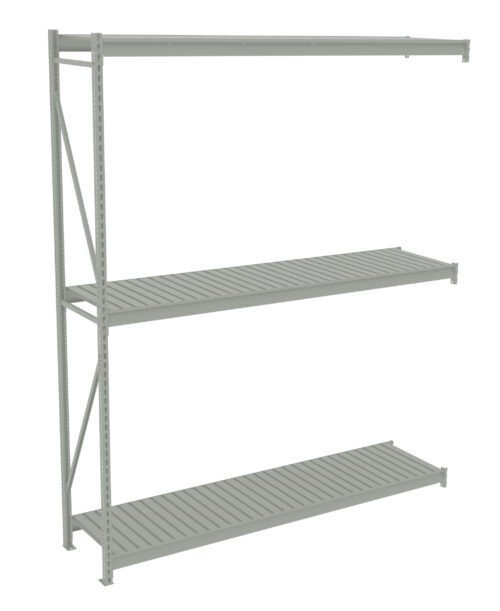 A gray, metal shelving unit with three horizontal shelves and a vertical support structure on the left side. The shelves have slatted surfaces and the design is minimalist, suitable for storage or display purposes.
