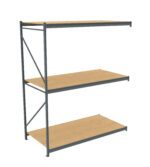 A three-tier metal shelving unit with a gray frame and wooden shelves. The unit is empty and shown against a plain white background, highlighting its simple, industrial design.