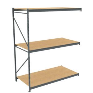 A three-tier metal shelving unit with a gray frame and wooden shelves. The unit is empty and shown against a plain white background, highlighting its simple, industrial design.