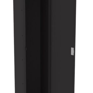 A black metal locker with one door open, revealing an empty interior with a clothing rod and a small hook inside. The locker door is slightly ajar, and the exterior has a simple design with a metallic finish.