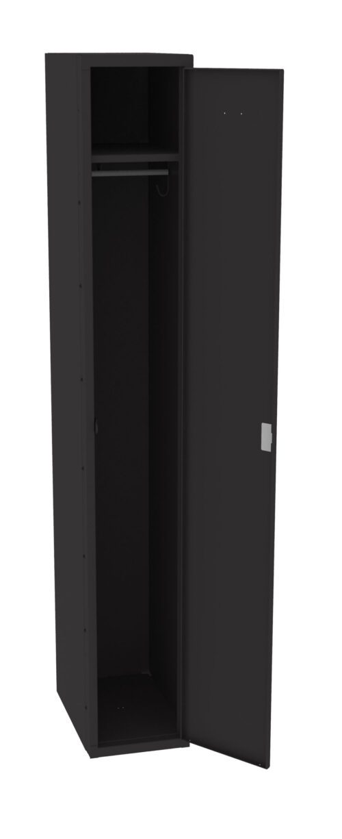 A black metal locker with one door open, revealing an empty interior with a clothing rod and a small hook inside. The locker door is slightly ajar, and the exterior has a simple design with a metallic finish.