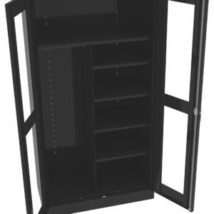 Open black metal cabinet with two glass doors. The interior features multiple adjustable shelves and compartments, designed for storage and organization. The overall design is sleek and modern.