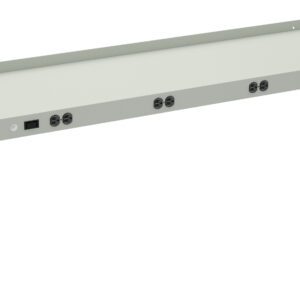 Metallic gray control panel with a horizontal surface featuring six round power outlets and a small display. The panel is supported by two side pieces and has a minimalist design.