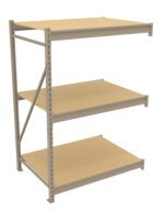 A three-tiered metal shelving unit with beige shelves is depicted. The shelves are rectangular and supported by a metal frame with a cross brace on one side for additional stability. The unit is free of any items.