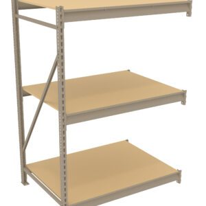 A three-tiered metal shelving unit with beige shelves is depicted. The shelves are rectangular and supported by a metal frame with a cross brace on one side for additional stability. The unit is free of any items.