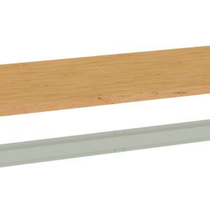 A digital rendering of a light wood tabletop floating above a metallic rail. The tabletop is rectangular with a natural finish, and the metal rail is presupposed to support or attach the tabletop to a frame or structure.