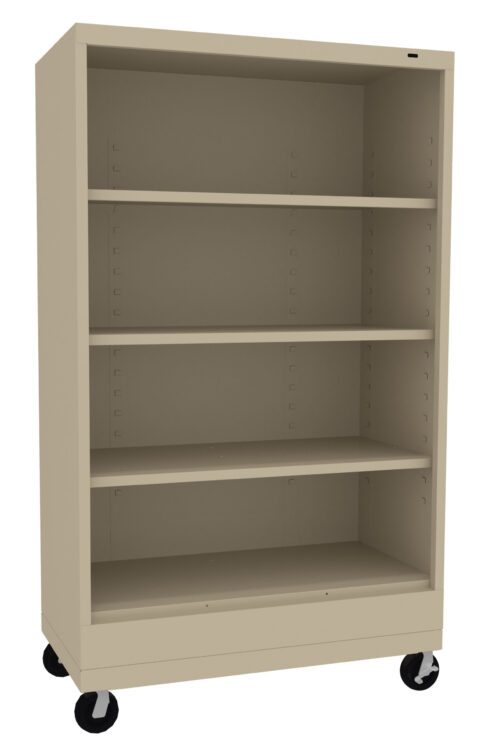 A tall, beige metal storage cabinet on wheels with four shelves, positioned against a white background. The shelves are evenly spaced and the cabinet has a minimalistic design.