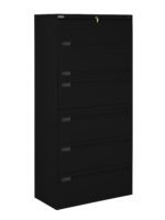 A tall black filing cabinet with five drawers and a lock on the top drawer. The cabinet has a sleek, modern design with horizontal handles on each drawer.