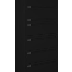 A tall black filing cabinet with five drawers and a lock on the top drawer. The cabinet has a sleek, modern design with horizontal handles on each drawer.