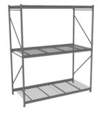 A large, industrial metal shelving unit with two shelves and a grid-like base. The shelves are made of a mesh design, supported by a sturdy frame with diagonal braces for stability. The structure is empty and stands against a white background.