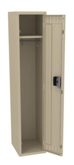 An open, beige metal locker stands with its door ajar. Inside, there is a shelf and a hanging rod. The locker has a vented door and a black lock mechanism on the front.
