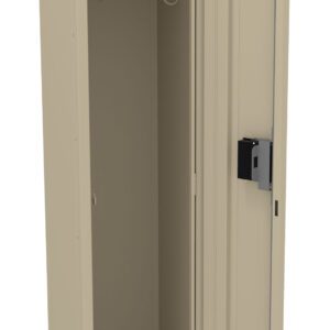 An open, beige metal locker stands with its door ajar. Inside, there is a shelf and a hanging rod. The locker has a vented door and a black lock mechanism on the front.