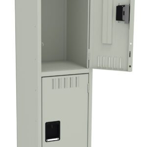 A gray metal locker with two compartments. The top compartment is open, displaying its empty interior. The lower compartment is closed, featuring a black handle. The locker stands on four small legs.