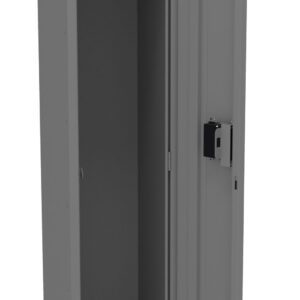 A tall, open, gray metal locker showing its interior, with a hanging rod inside. The locker door is slightly ajar, revealing a combination lock on the outside. The locker has ventilation slots near the top and bottom.