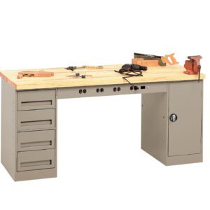 A workbench with a wooden top, featuring attached drawers and a cabinet. Various tools, including a saw, hammer, and clamps, are placed on the surface. The structure is grey metal with a light wood top.