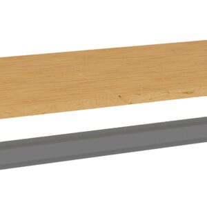 A wooden tabletop is shown above a long, rectangular metal beam. The tabletop appears smooth and has a light wood grain texture.