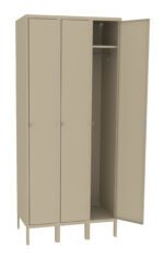 A beige three-door metal locker with one door open, revealing an empty compartment with a hanging rod and one hook inside. The locker stands on short metal legs.