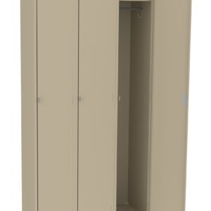A beige three-door metal locker with one door open, revealing an empty compartment with a hanging rod and one hook inside. The locker stands on short metal legs.