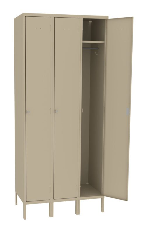 A beige three-door metal locker with one door open, revealing an empty compartment with a hanging rod and one hook inside. The locker stands on short metal legs.
