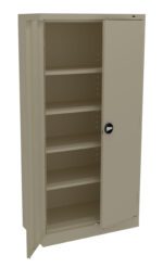A beige metal storage cabinet with an open door, revealing five adjustable shelves. The cabinet has a round black handle and a simple design, suitable for office or home storage.