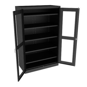 A black metal storage cabinet with glass doors open, revealing five empty shelves inside. The cabinet is designed for organization and display.