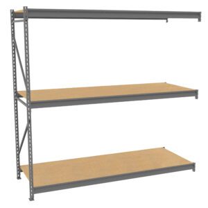 Metal shelving unit with three wooden shelves. The structure is steel gray, with adjustable shelf heights. Shelves are empty and designed for storage in a garage or warehouse setting. Background is plain white.